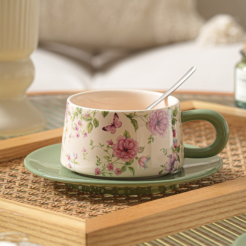 Cottage Style Ceramic Coffee Cup & Saucer Set for Afternoon Tea