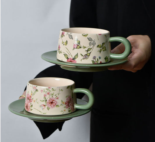 Cottage Style Ceramic Coffee Cup & Saucer Set for Afternoon Tea