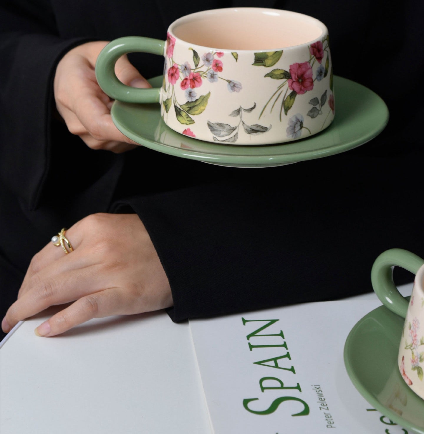 Cottage Style Ceramic Coffee Cup & Saucer Set for Afternoon Tea